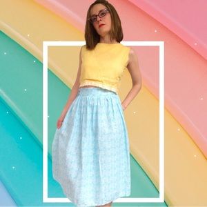 Vintage 50s Thin Blue Cotton Print Skirt Wagons with Flowers